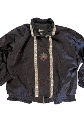 Vintage INDICATIONS Black Embroidered Windbreaker Jacket with Trim. Large